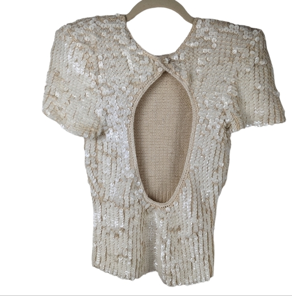 Vintage E. Haas & Co Sequin Wool Top Open Back Puff Sleeve Cream Rare Find Sze M - Picture 10 of 13